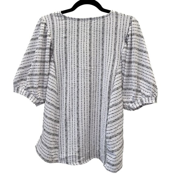 Adrienne Vittadini Black White Striped Button-Down Blouse L  Puff Sleeve - Picture 4 of 7